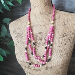Shell Pink Wooden Beads Multi Layered Necklace
